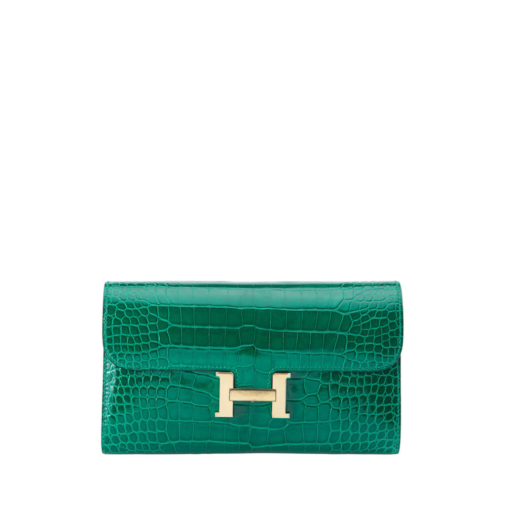 Hermès Vert Emeraude Shiny Alligator Constance Short Wallet Gold