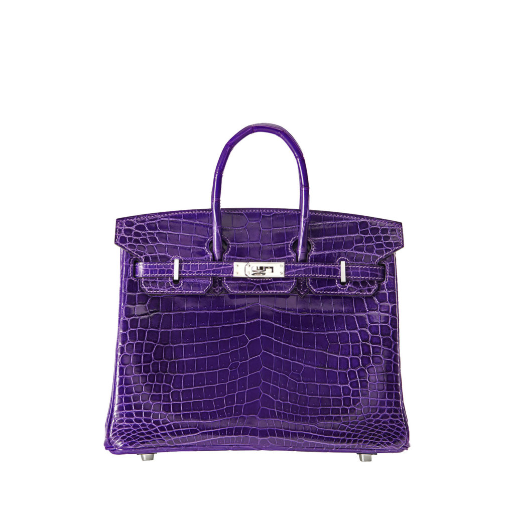 Hermes ultraviolet purple Birkin 25 bag in alligator leather with palladium hardware by The Ornamental