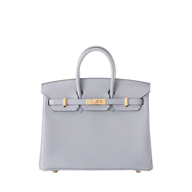 Hermes blue grey Birkin 25 bag in togo calf leather with gold hardware by The Ornamental