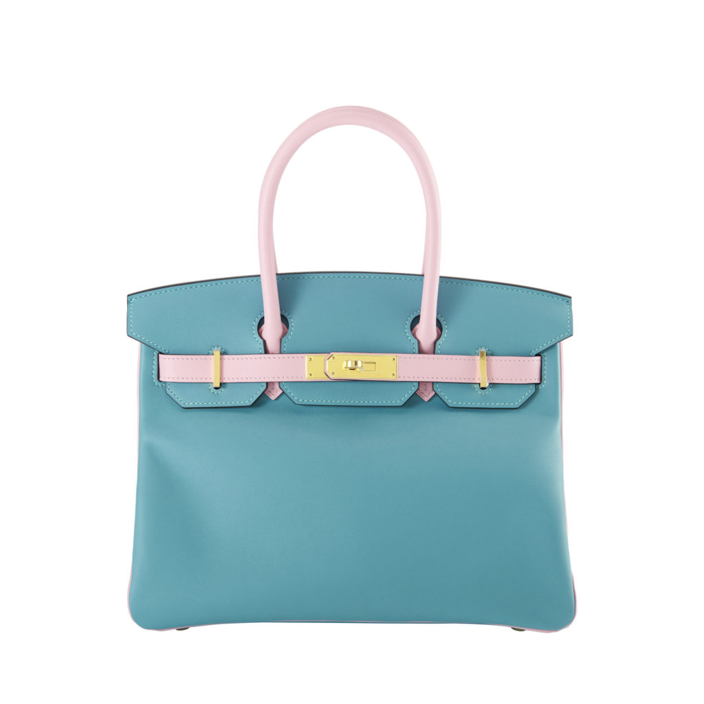 Hermes Atoll blue and light pink Birkin 30 bag in calf leather with gold hardware by The Ornamental