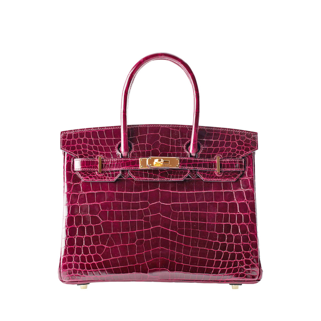 Hermes Bordeaux Birkin 30 bag in crocodile leather with gold hardware by The Ornamental