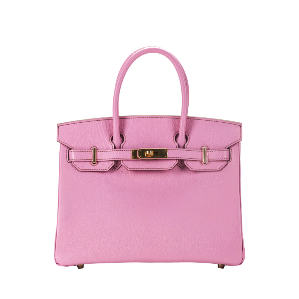 Hermes pink Birkin 30 bag in calf leather with gold hardware with dark pink stitching by The Ornamental