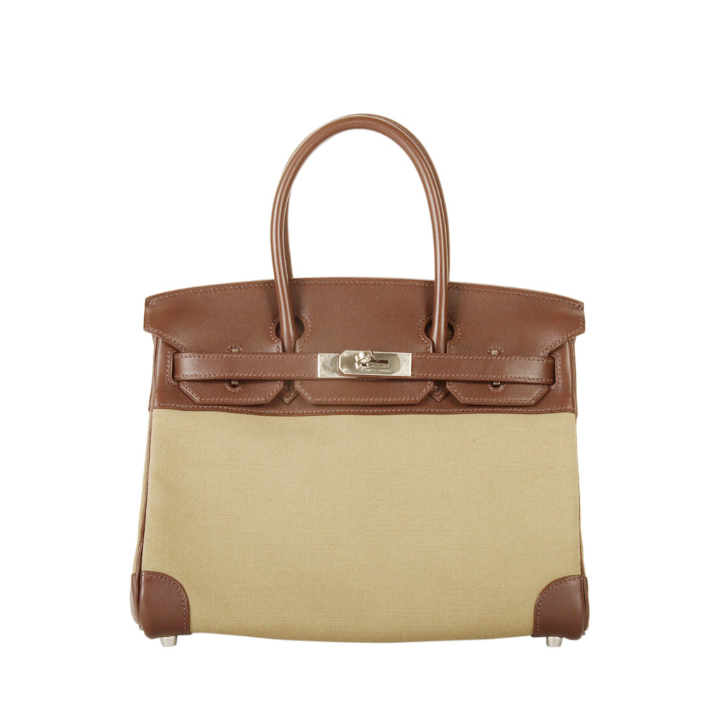 Hermes brown leather and beige fabric military Birkin 30 bag in crocodile leather with platinum hardware by The Ornamental