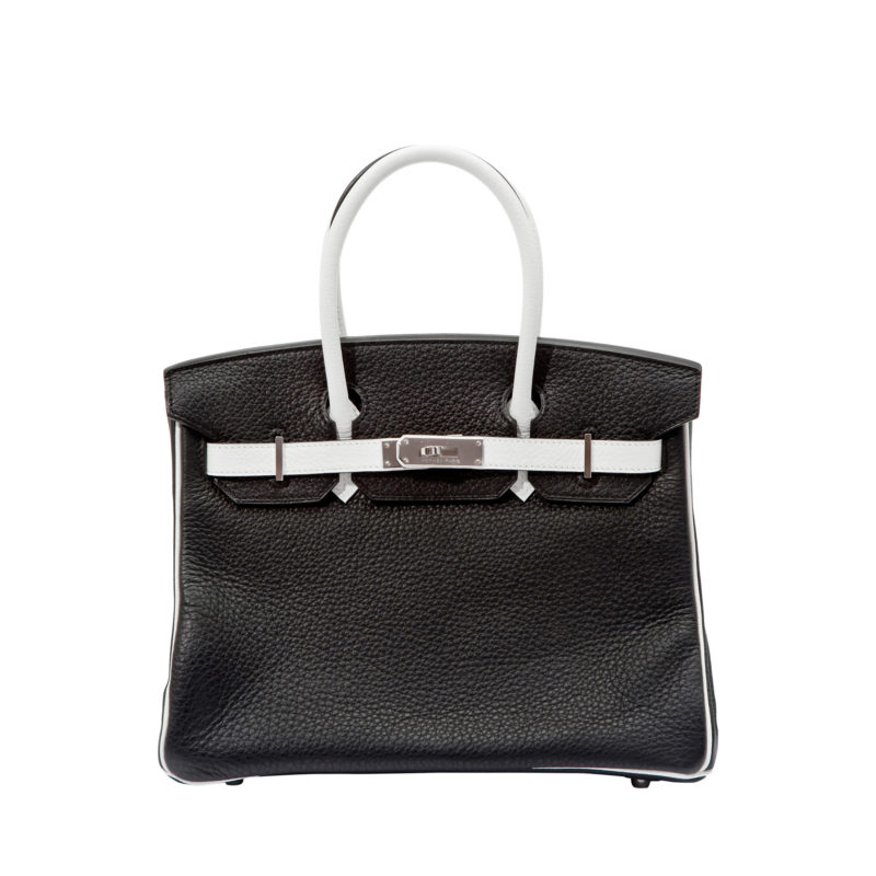 Hermes black birkin 30 in textured calf leather with white handles and palladium hardware by The Ornamental