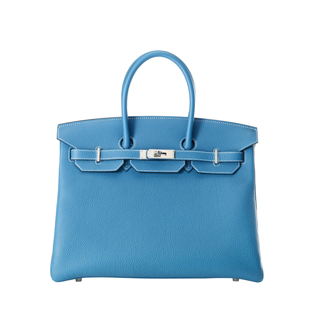 Hermes blue Birkin in textured calf leather with white stitching and with platinum hardware by The Ornamental