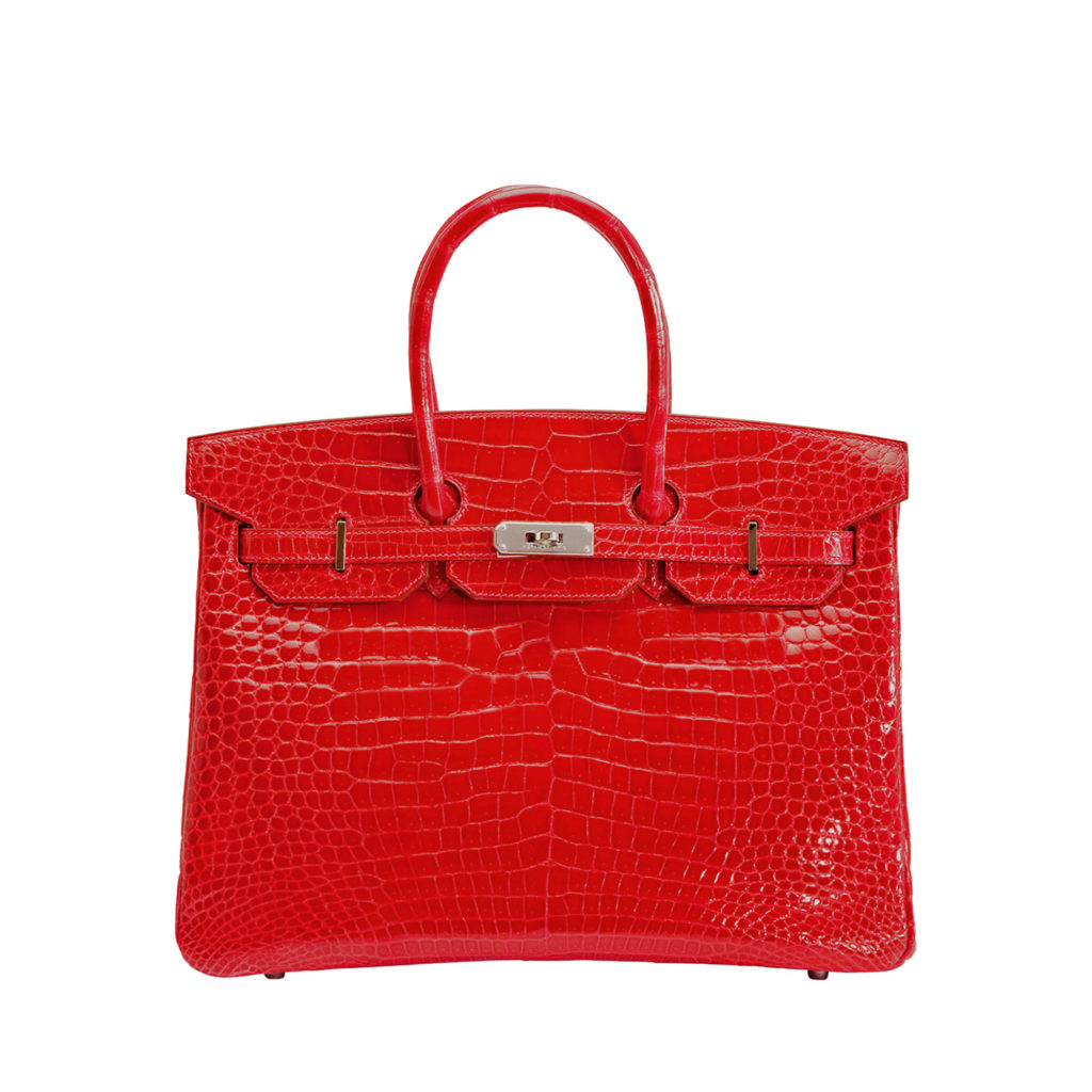 Hermes Red Birkin 35 bag in crocodile leather with palladium hardware by The Ornamental