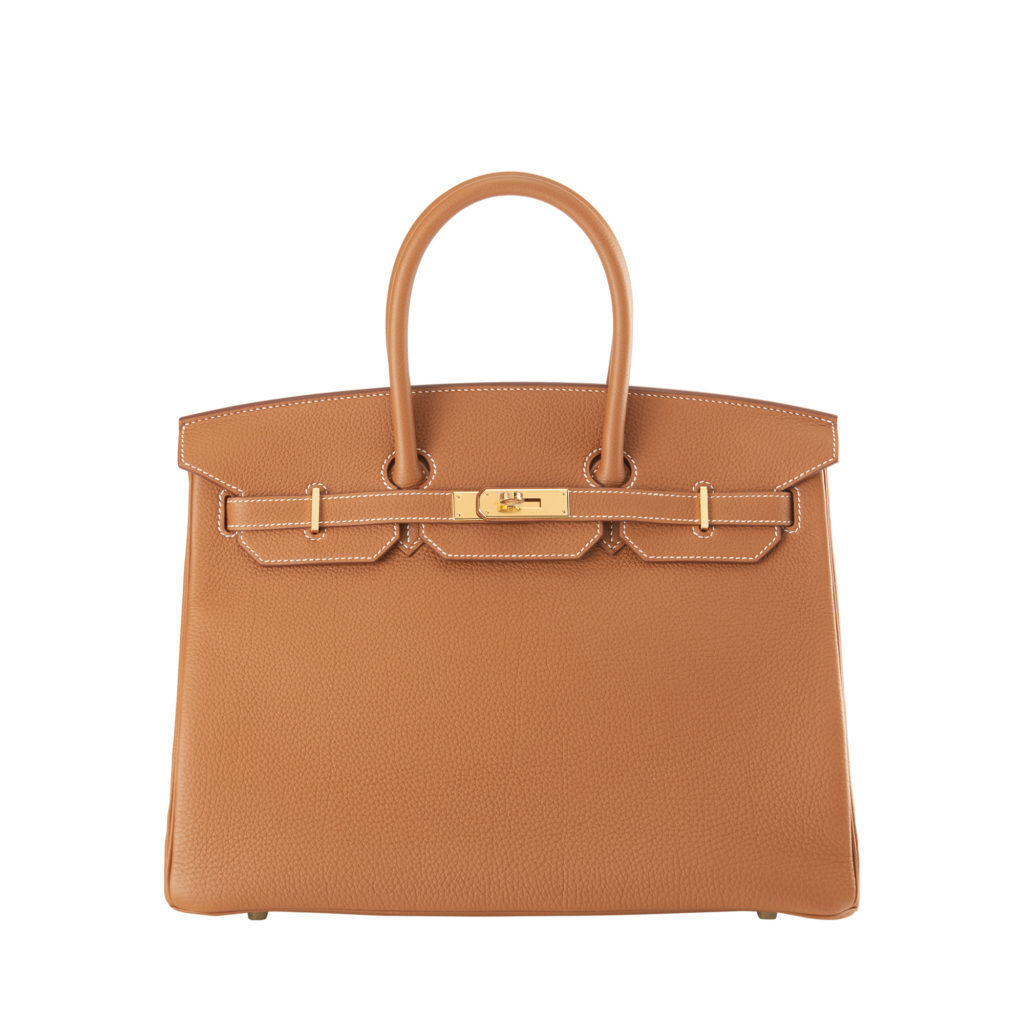 Hermes golden brown Birkin 35 bag in togo leather with gold hardware by The Ornamental
