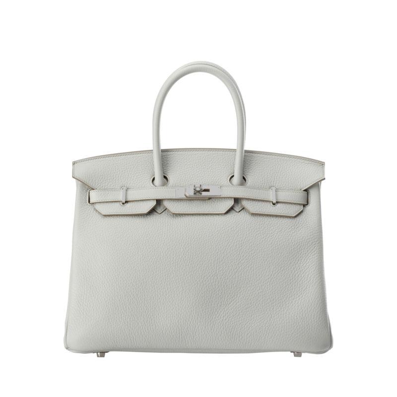 Hermes pearl grey Birkin 35 bag in textured calf leather with palladium hardware by The Ornamental
