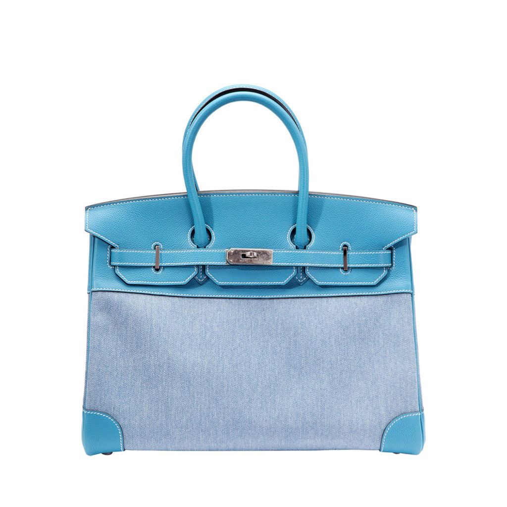 Hermes sea blue denim Birkin bag in textured calf leather with palladium hardware by The Ornamental