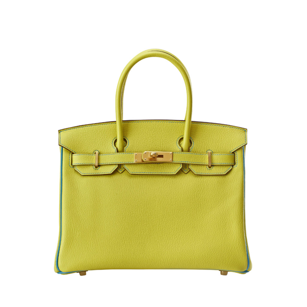 Hermes Lime Green Birkin bag with ark green piping in textured calf leather by The Ornamental