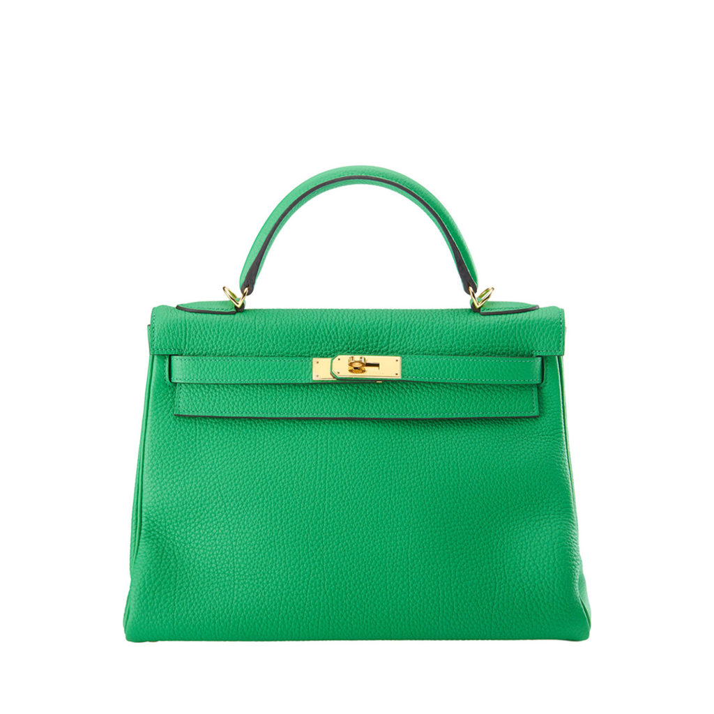 Hermes mint green Kelly bag in textured calf leather by The Ornamental