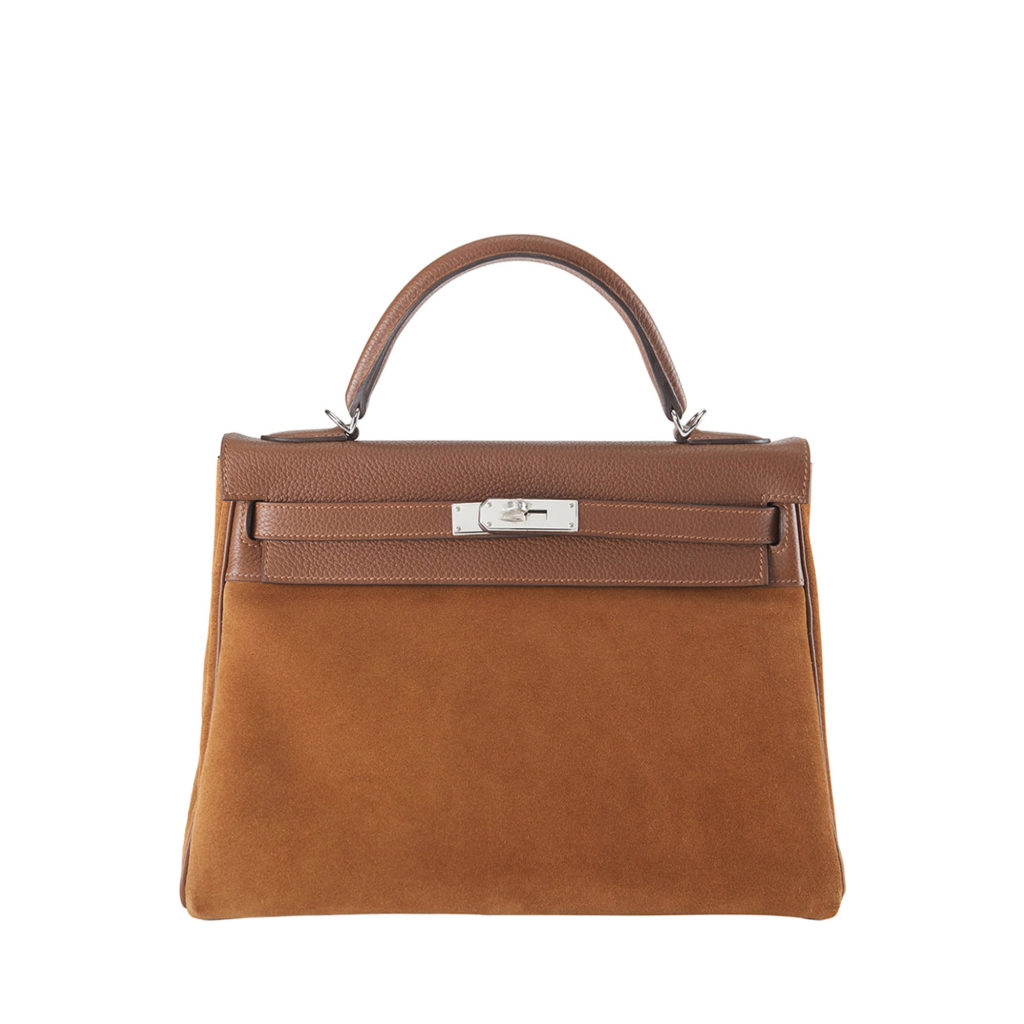 Hermes Brown Kelly bag with dark brown calf leather handles and a light brown suede body by The Ornamental