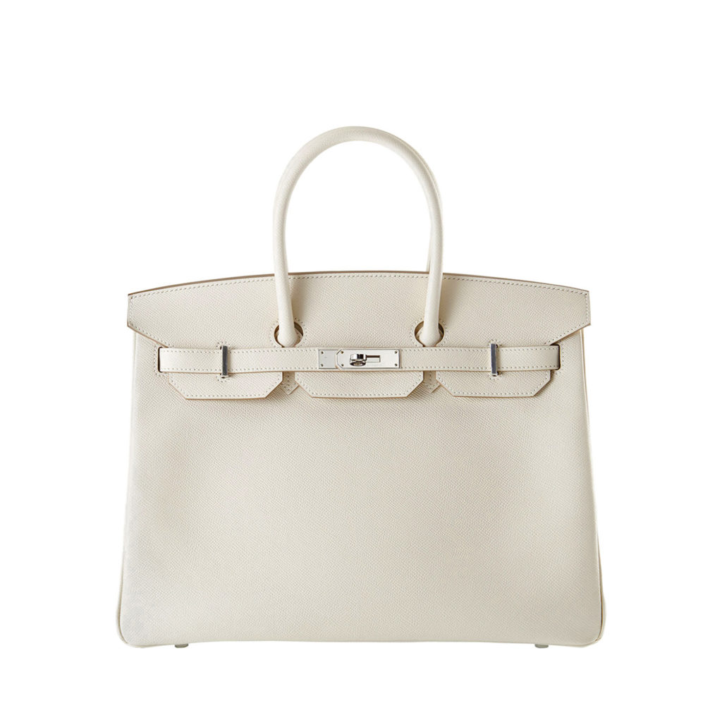 Hermes white Birkin bag in textured calf leather with palladium hardware by The Ornamental