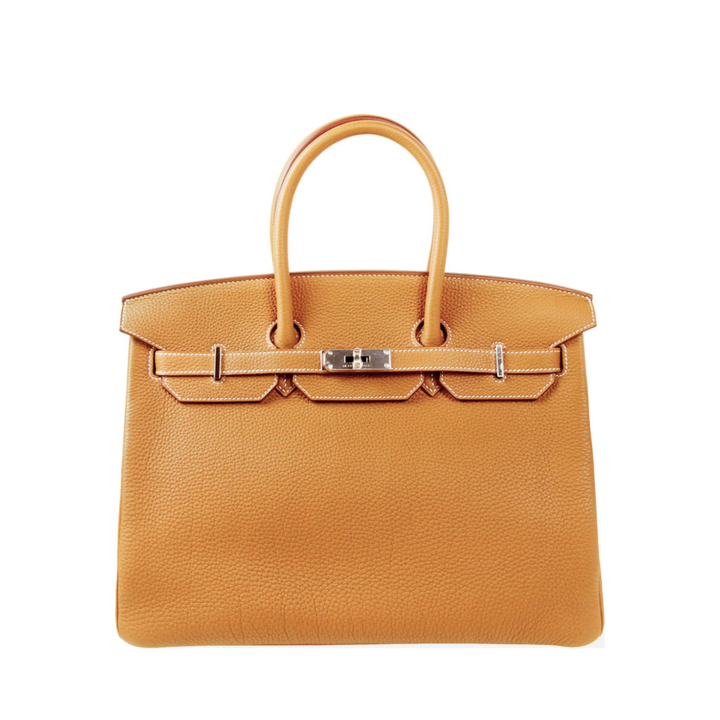 Hermes gold Birkin bag in textured calf leather with white stitching by The Ornamental