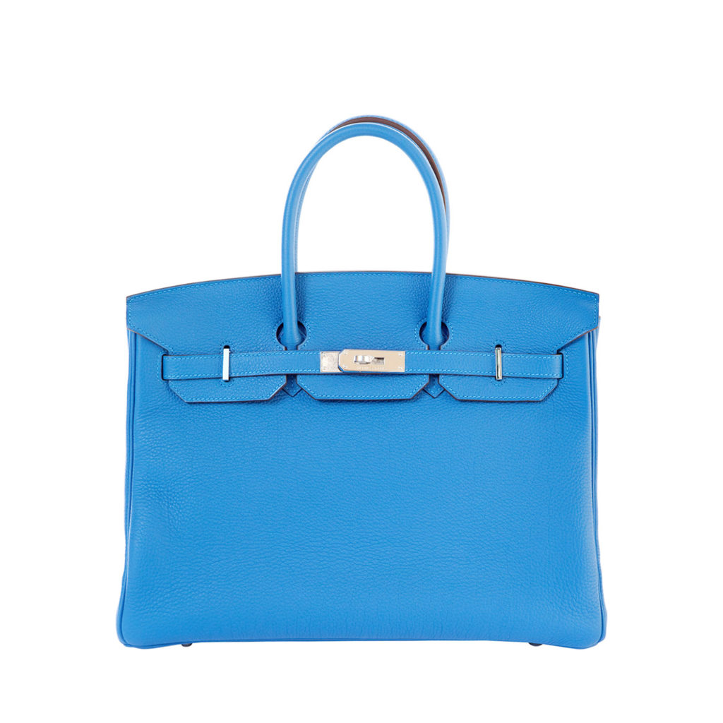 Hermes Mykonos blue Birkin 35 in textured calf leather by The Ornamental