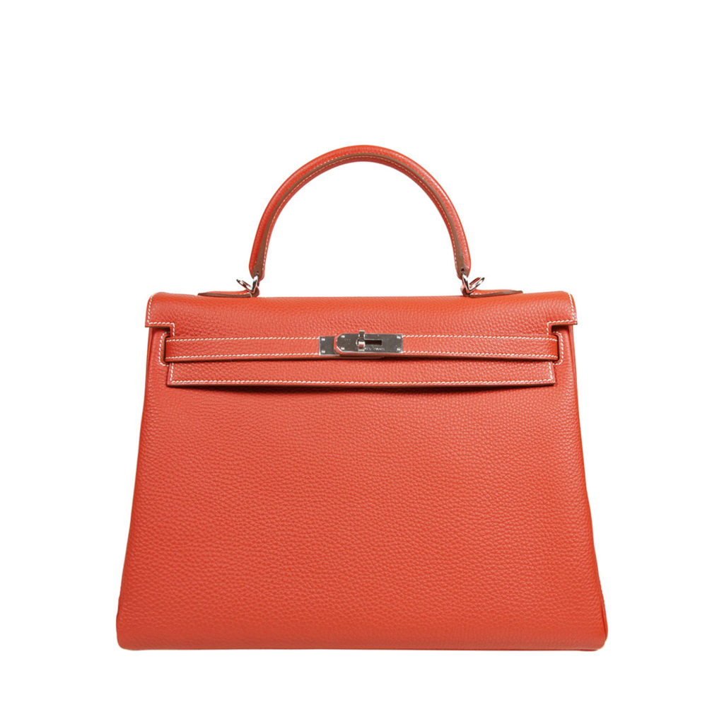 Hermes Orange Kelly bag in textured calf leather by The Ornamental