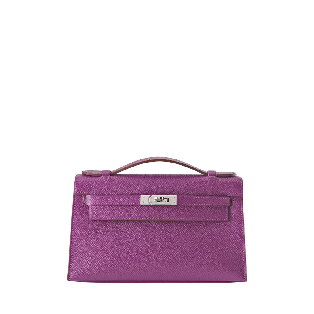 Hermes Kelly Pochette in Purple textured calf leather by The Ornamental
