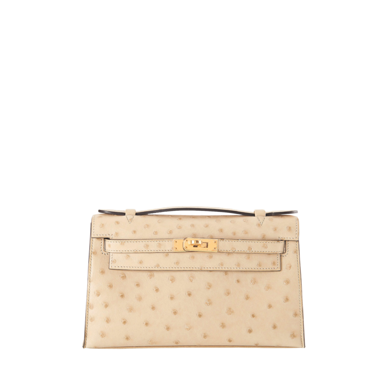 Beige Hermes Kelly Pochette in Ostrich leather by The Ornamental